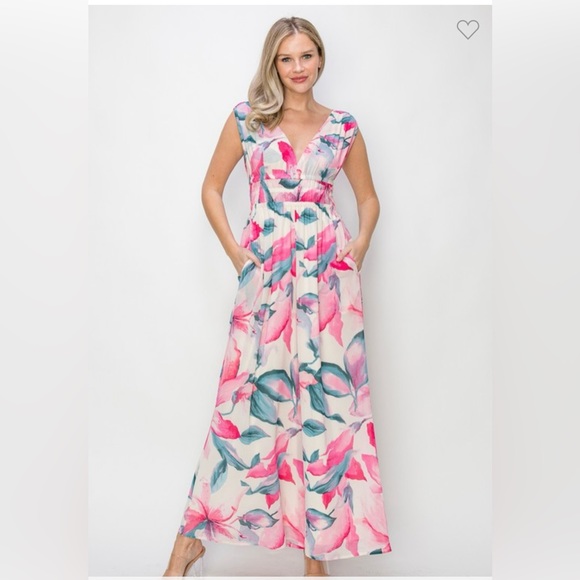 HYFVE Pants - 🌺Fuchsia Tropical Floral Print Chiffon Jumpsuit Size Small